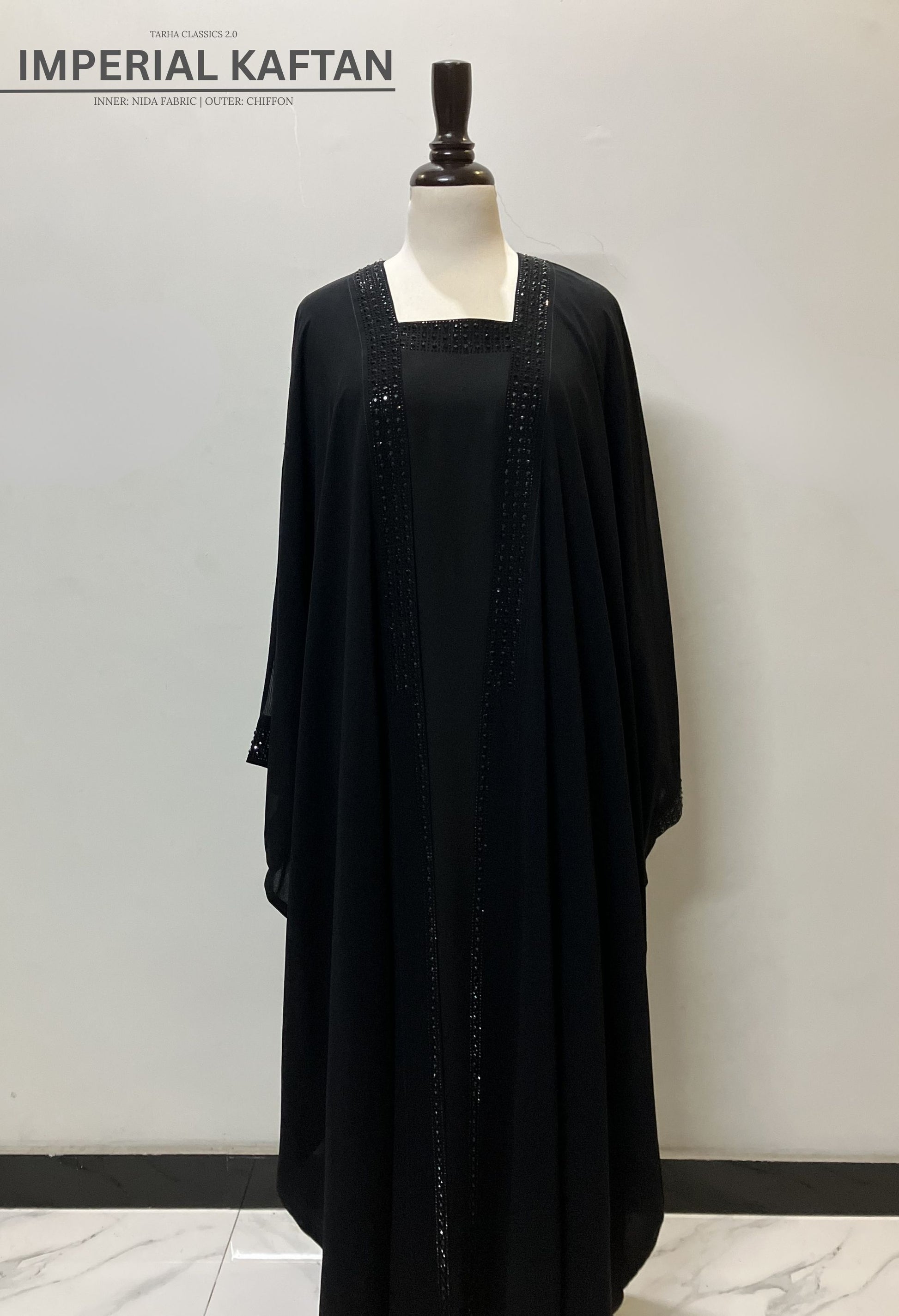 Imperial black non-detachable kaftan with a comfortable Nida inner layer and an elegant Chiffon outer layer – Tarha.pk Classics V2.