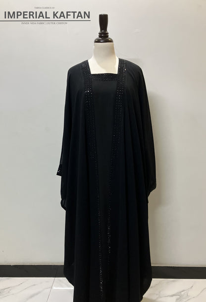 Imperial black non-detachable kaftan with a comfortable Nida inner layer and an elegant Chiffon outer layer – Tarha.pk Classics V2.