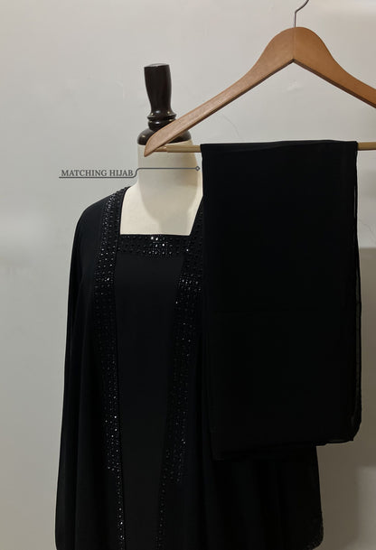 Imperial black kaftan set featuring a free matching hijab with a delicate border – Tarha.pk Classics V2.