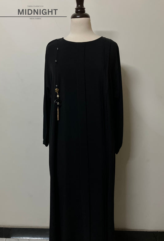 Midnight black abaya in breathable local Nida fabric with elegant side tassel detailing, including a free matching hijab – Tarha.pk Classics V2.