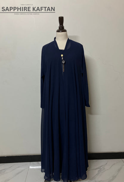 Sapphire blue kaftan abaya featuring a double-layer chiffon design for an elegant, flowy silhouette – Tarha.pk Classics V2.
