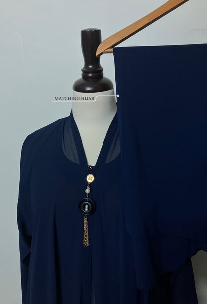 Sapphire Kaftan set featuring a free matching blue chiffon hijab with a delicate border – Tarha.pk.