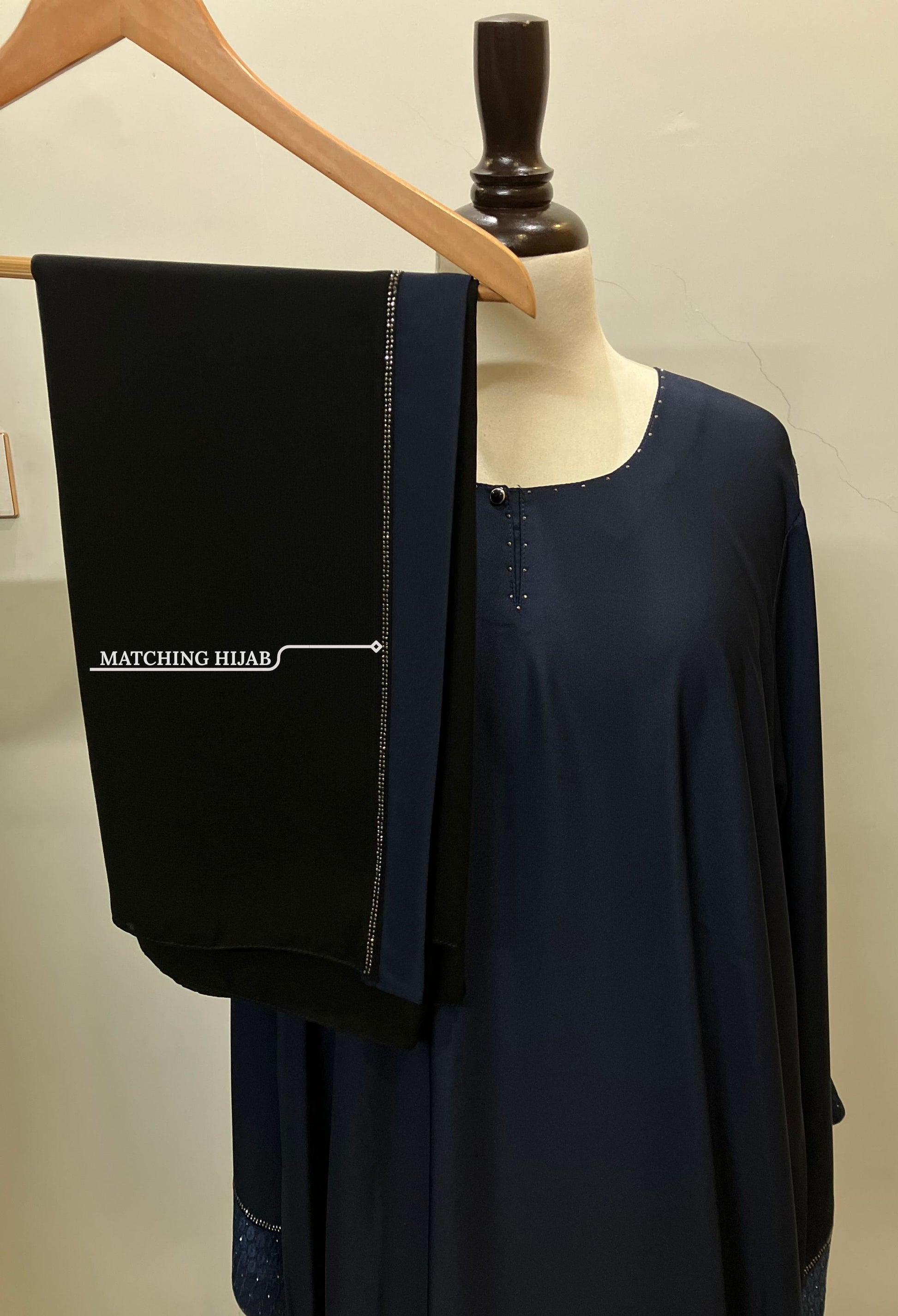 Sultanah navy blue abaya set including a free matching hijab with a navy border – Tarha.pk.