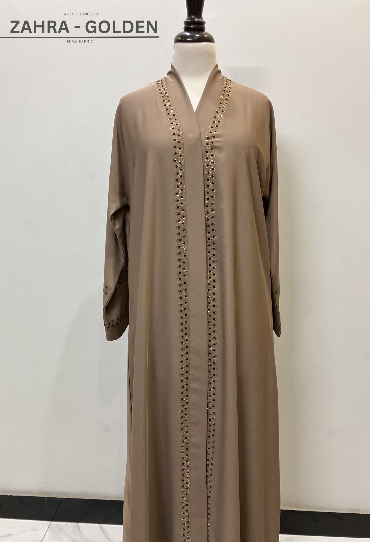 Zahra golden open-style abaya with front buttons, crafted from premium Nida fabric – Tarha.pk Classics V2.